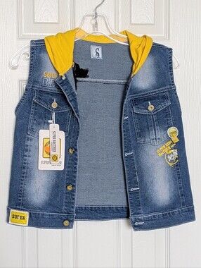NWT Kids (Size 12Y) Distressed Denim Vest w/Yellow Jersey Hood & Patch Details